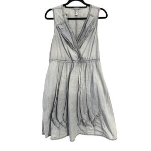 Maeve Anthropologie Pleated Denim Chambray Sleeveless V Neck Dress Pockets M